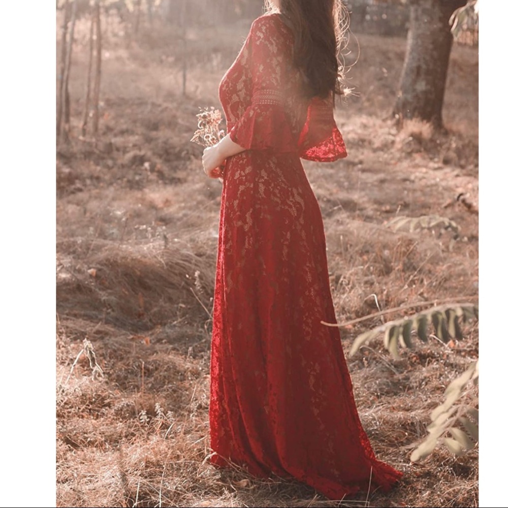 MISSMAY Full Lace Contrast Bell Sleeve Formal Long Dress Red Size S NWT
